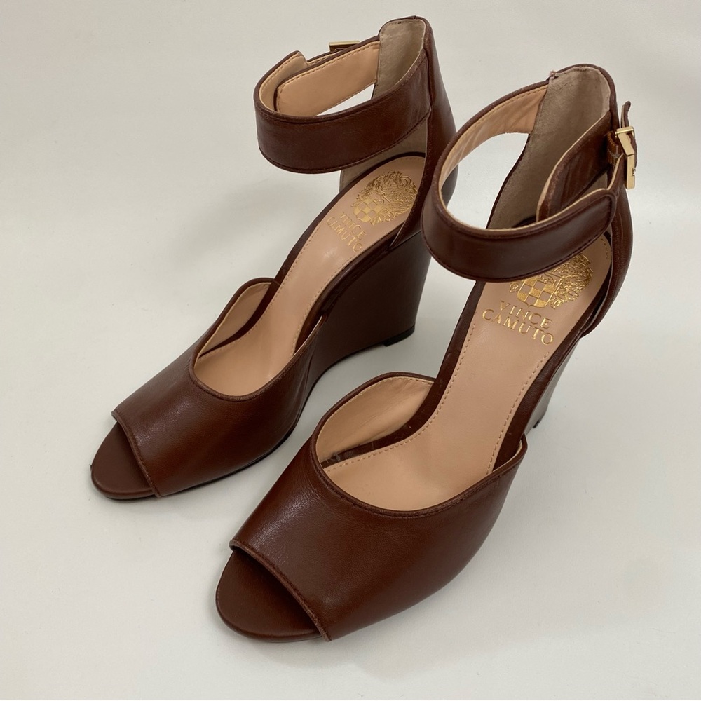 Vince Camuto Peep Toe Wedge Ankle Strap Size 7 Brown Heeled Sandals Women’s - Picture 11 of 14